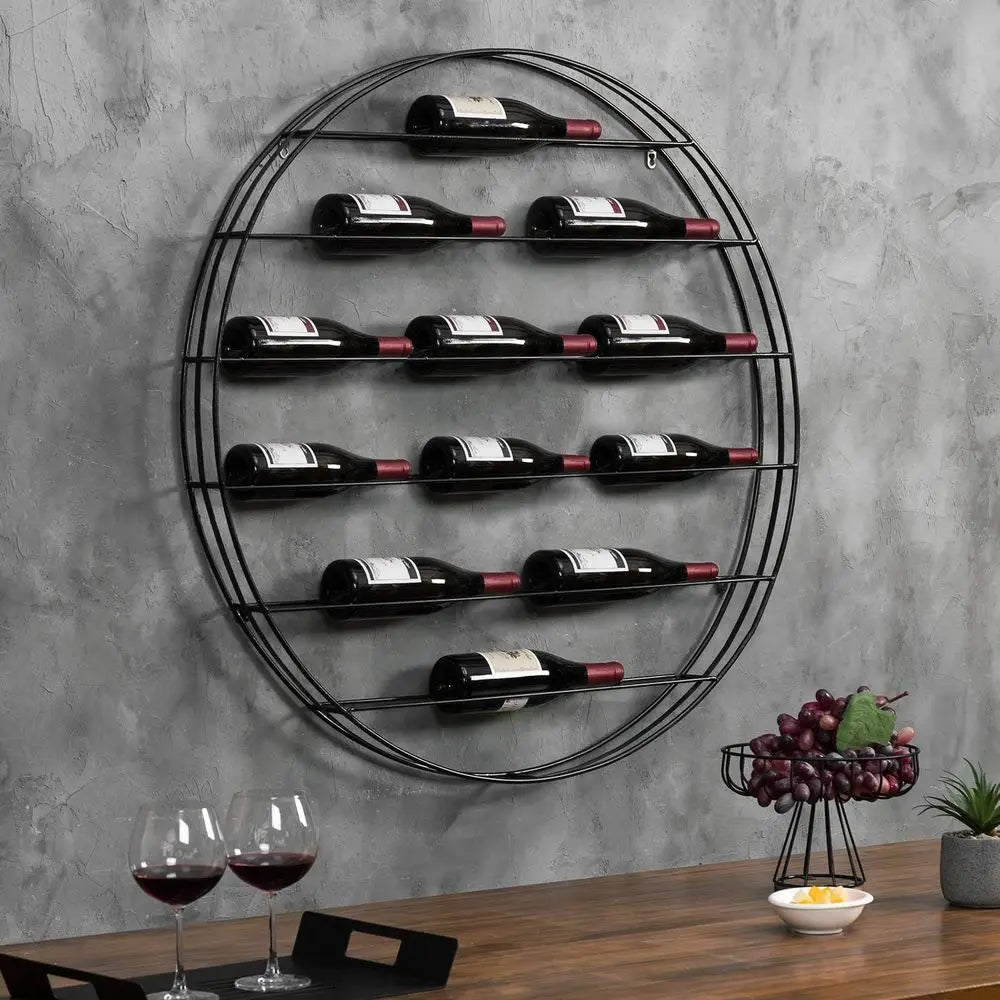 12-Bottle Modern Black Metal Round Wall Mounted Wine Rack – 6-Tier Horizontal Storage Shelf for Kitchen, Living Room & Wine Cell