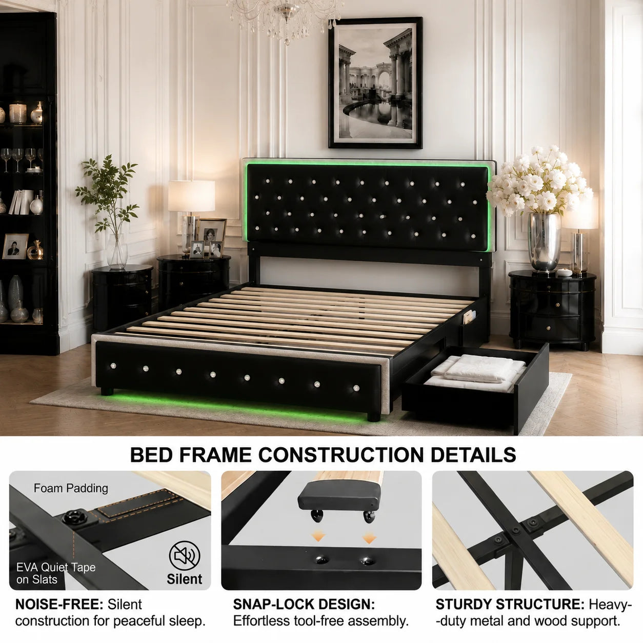 Sibeds Queen Size Bed Frame with LED Lights , King Size with 2 Drawers, Full Bed Crystal Button Tufted Headboard, Solid Slats, Noise Free, No Box Spring Needed, Easy Assembly，PU & Velvet