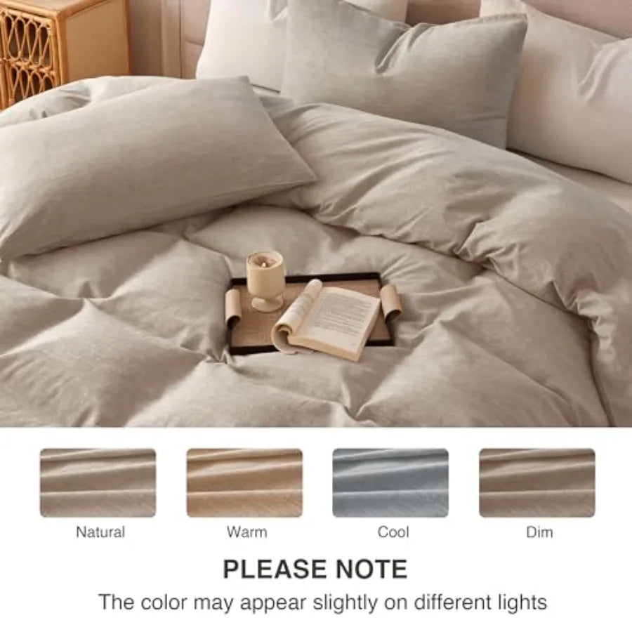 Linen Duvet Cover Size - Soft Breathable Cotton Linen Blend 3-Pieces Bedding Set with 2 Pillowcases Stonewashed Texture All-Sea