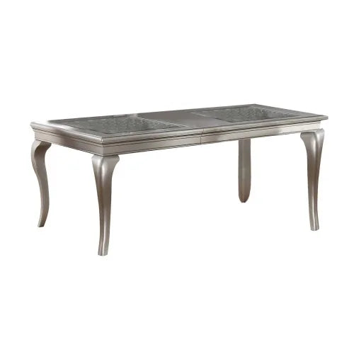 Dining Table Rectangle Glass inert Top Silver Hue 7pc Dining Table 6x Side Chairs Tufted Back Dining Room Furniture