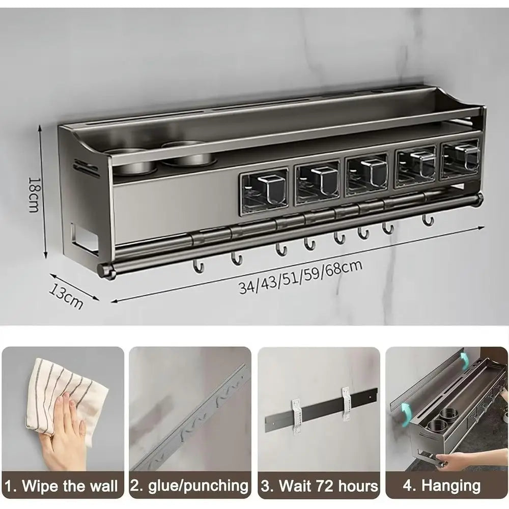 Metal Wall-Mounted Spice Rack with Utensil Holder and Paper Towel Storage for Kitchen Cupboards