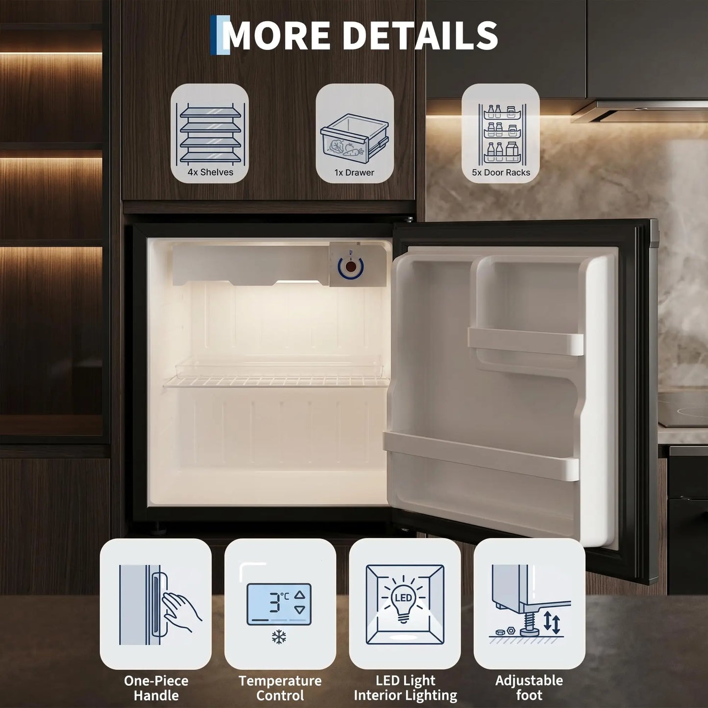 1.6 Cu. ft. Mini Refrigerator Single-Door Compact Fridge with Freezer with LED Adjustable Shelves for Dorm, Office, Bedroom, Kitchen, Bar