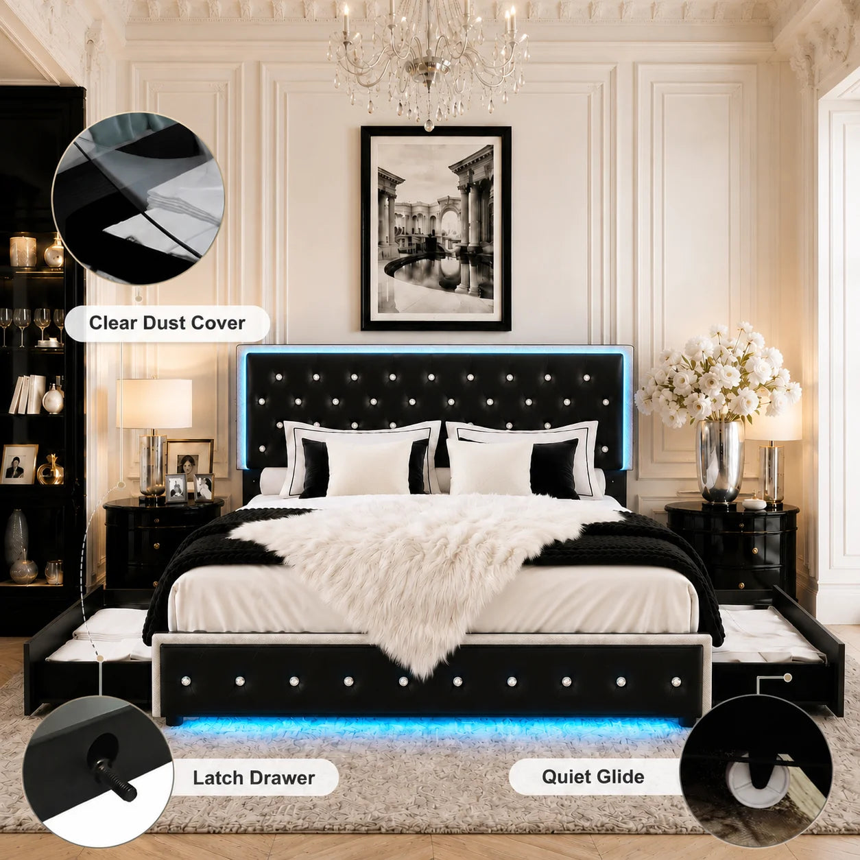 Sibeds Queen Size Bed Frame with LED Lights , King Size with 2 Drawers, Full Bed Crystal Button Tufted Headboard, Solid Slats, Noise Free, No Box Spring Needed, Easy Assembly，PU & Velvet
