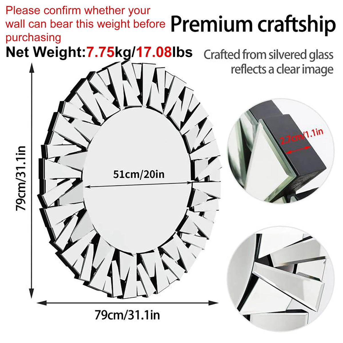 79cm Round Wall Mirror Large Accent Mirror Modern Home Art Accent Decor Mirror with Beveled Frame Bathroom Bedroom Livingroom