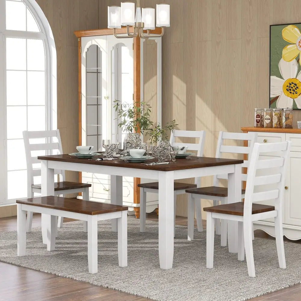 Solid Wood Dining Table Set for 6, Farmhouse Kitchen Table Set with Bench and Chairs, Rustic Dining Room Table and Chairs Set,