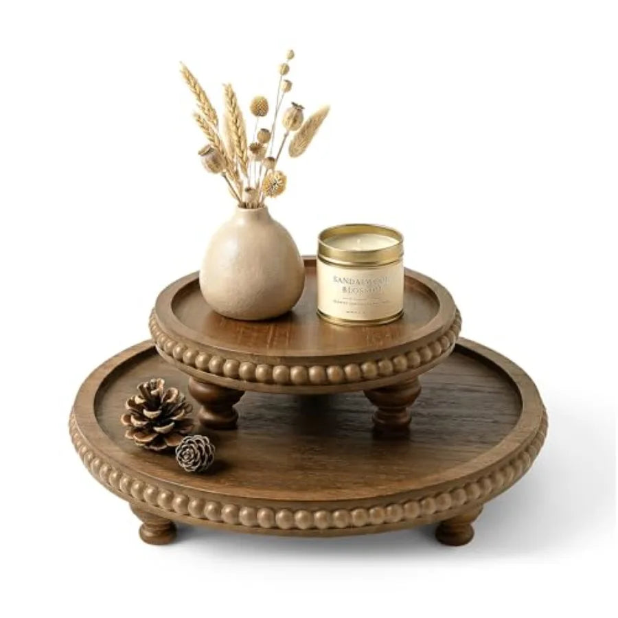Round Pine Wooden Display Riser Set of 2 for Home Decor - Beaded Pedestal Stand for Bathroom and Coffee Table - Decorative Tray