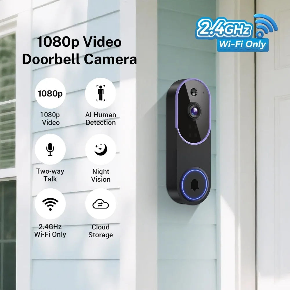 1080p Smart Video Doorbell: Night Vision, Live View, AI Detection, 2-Way Audio, Cloud Storage (Sold Separately), 2.4G WiFi
