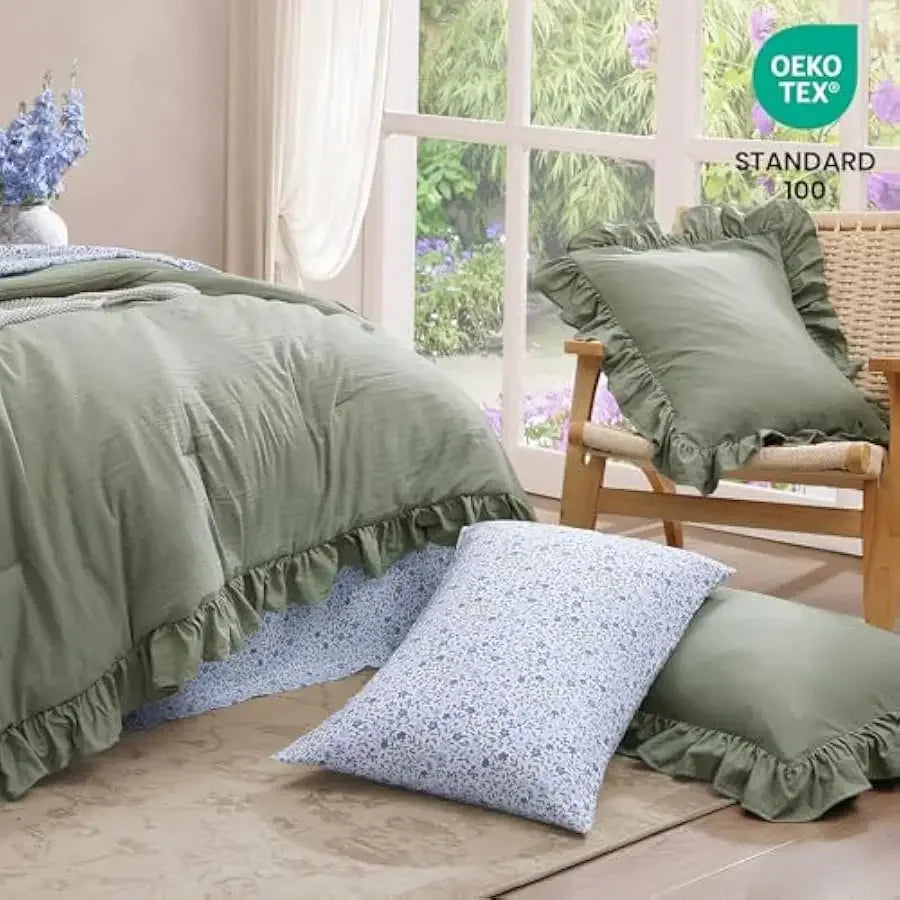 BLOOMHAVEN Queen Comforter Set - 7 Pieces Ruffle Sage Green Bedding Sets, Shabby Chic Farmhouse Bed in a Bag Queen with Ruffle C