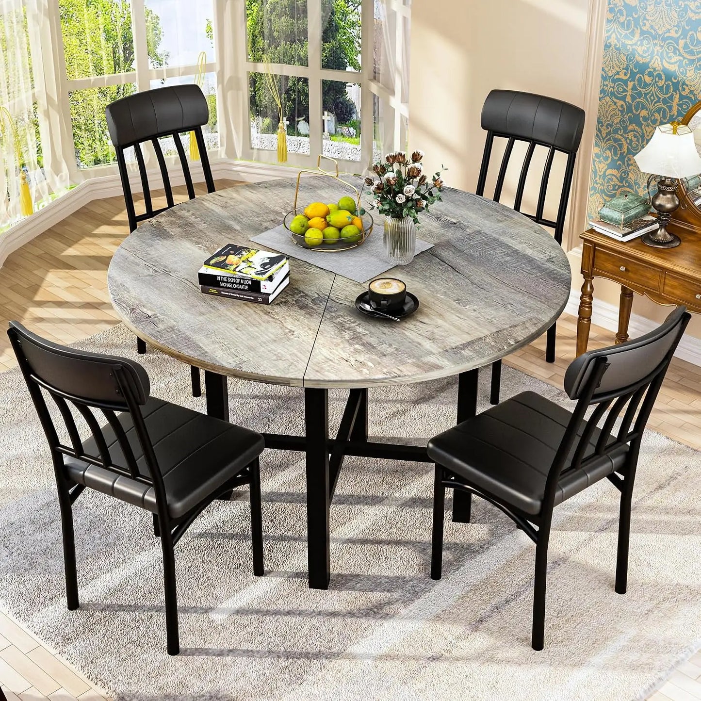 Round Dining Table Set for 4, Wood Circle Kitchen Table and Chairs Set for 4, Modern Dining Room Sets, Customized