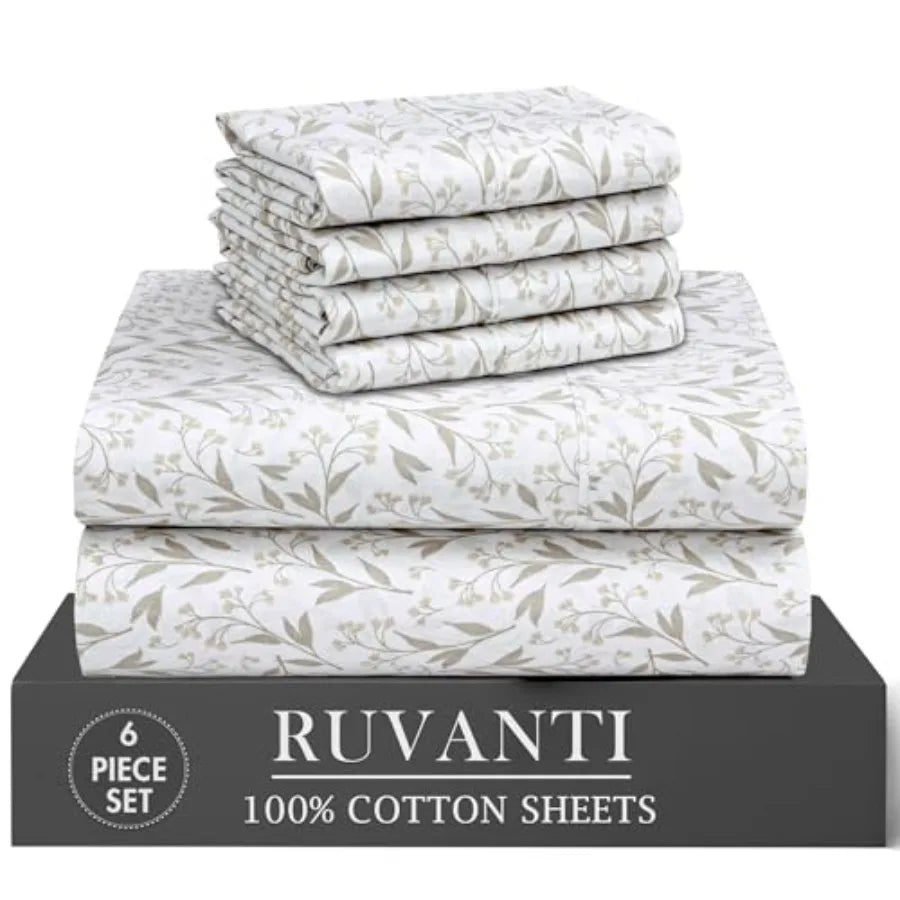 6 Pcs Cotton Sheets - 100% Natural Cotton Soft Lightweight and Breathable Crispy Percale Bed Sheets Sheet Set 16" Deep Pockets