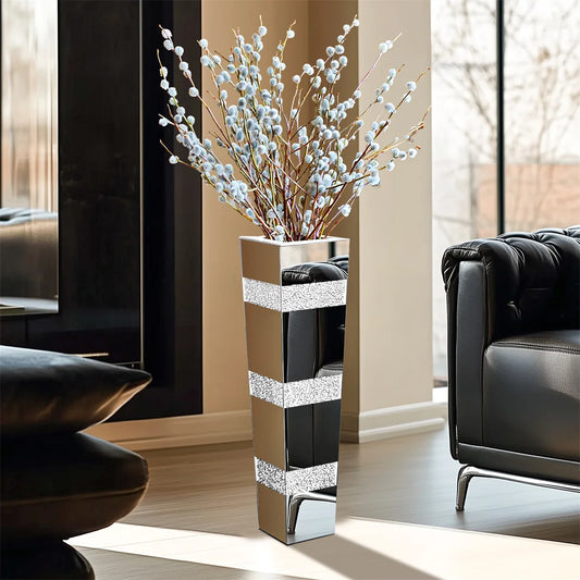 Modern Floor Flower Vase Decorative Crystal Silver Standing Mirrored Flower Vase Floral Arrangement Vase