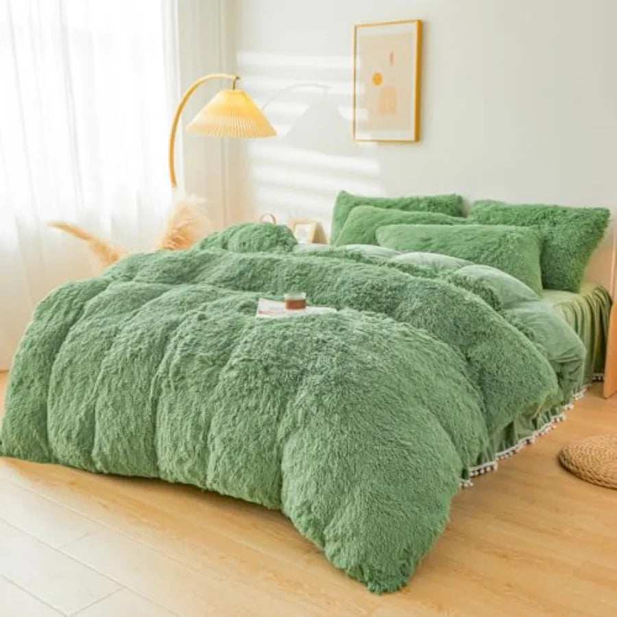 Fluffy Faux Fur Comforter Cover Set Fluffy Fuzzy Plush Bedding 3Pcs 1 Faux Fur Duvet Cover +2 Fuzzy Pillowcases Fluffy Bed Set