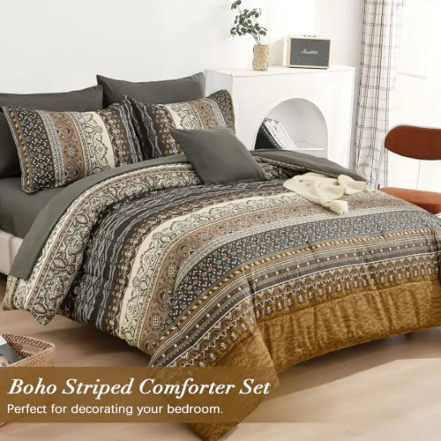 Boho Comforter Set 8 Pieces Black Bohemian Comforter Paisley Bed in A Bag Soft Microfiber Bedding Set for All Season