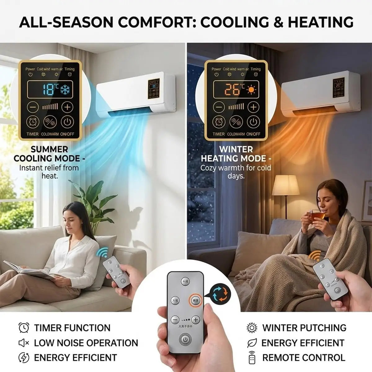 1800W Portable Wall Air Conditioner & Heater Combo, 2 in 1 Ductless Mini AC Fan System with Remote Control, No Exhaust Smart Room Heater Cooler for Living Room, Garage(Pink)