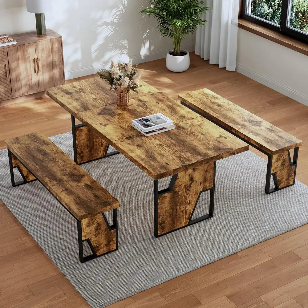 60 Solid Wood Dining Table Set for 6, Farmhouse Kitchen Table with 4 Upholstered Chairs amp Bench, 6Piece Dining Room amp Livin