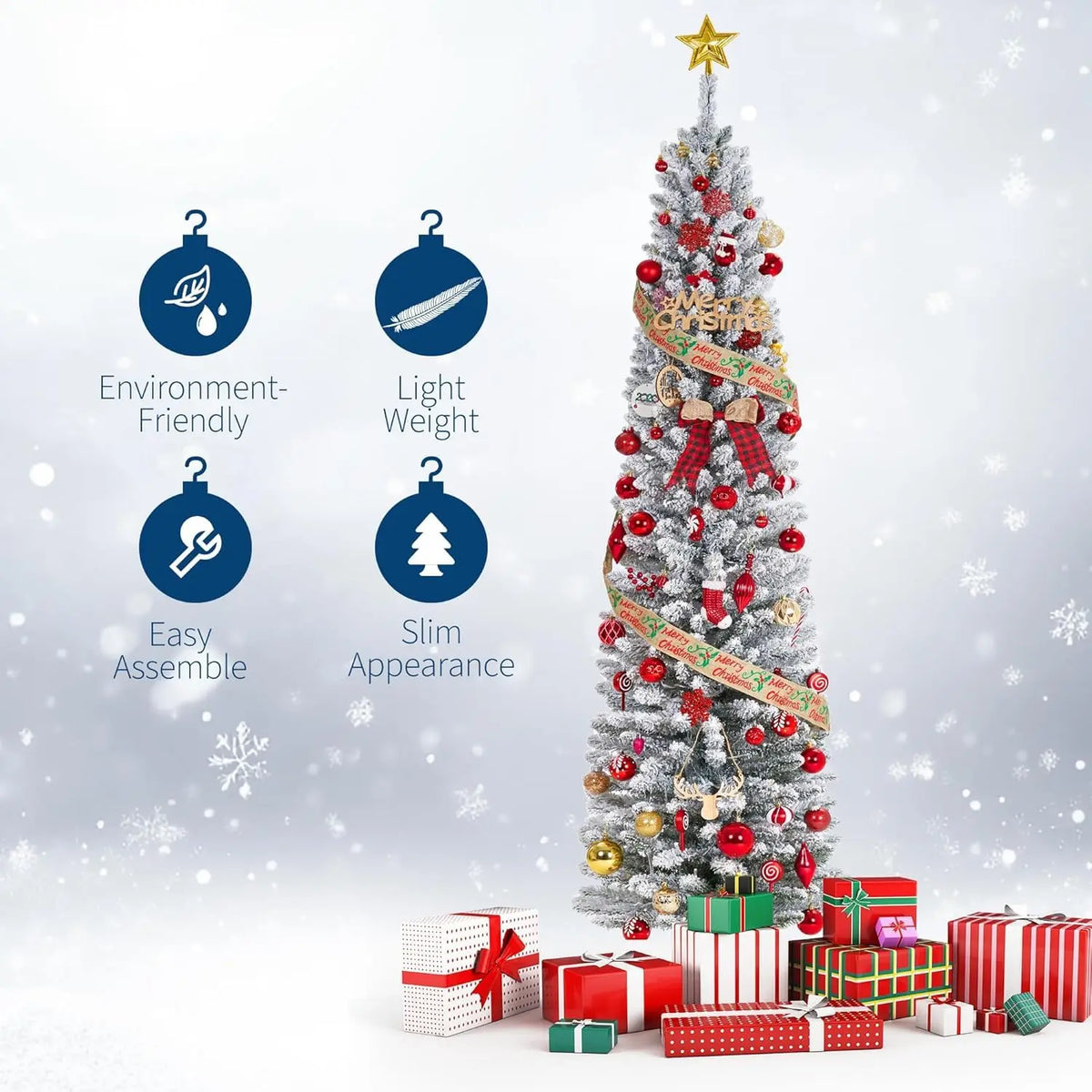 6/7.5ft Flocked Pencil Christmas Tree - Pre-lit Frosted Slim Artificial Tree, Space Saving Xmas Tree Holiday Decoration for Home, Full Prelighted Warm White LED Lights, Foldable Base, Easy Assembly