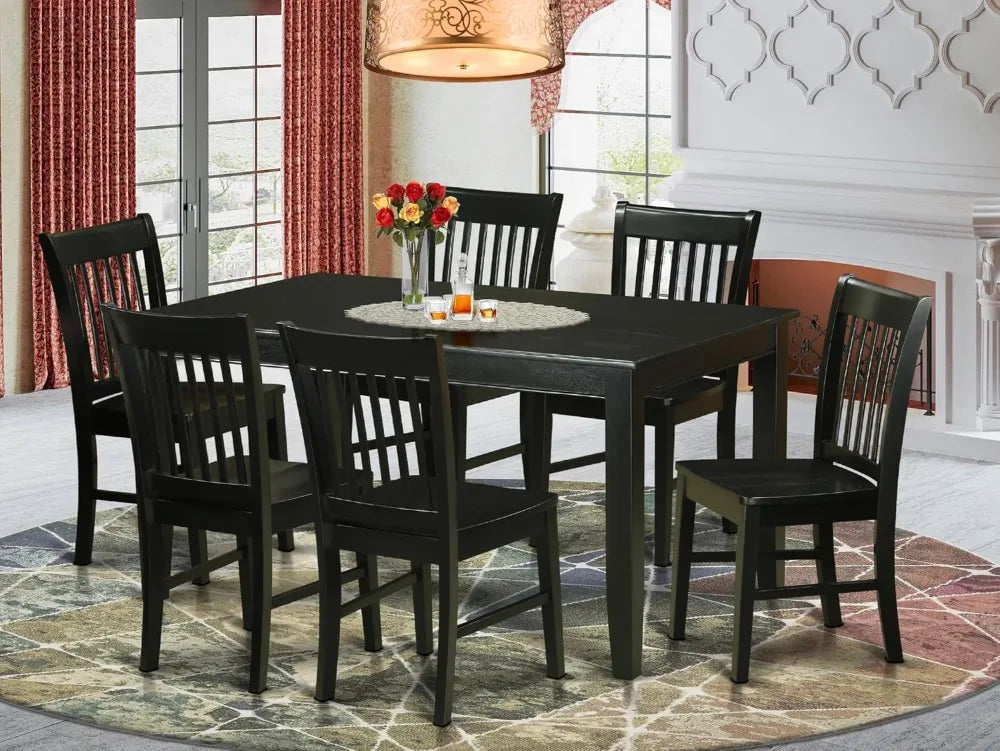 7Pc Kitchen Table Set, 60x36in Rect Dining Table & 6 Chairs, Black
