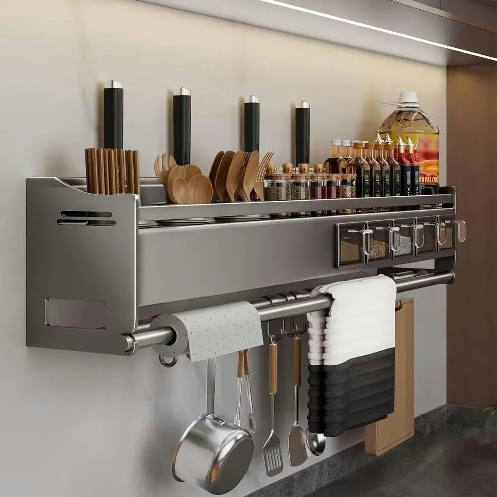 Metal Wall-Mounted Spice Rack with Utensil Holder and Paper Towel Storage for Kitchen Cupboards