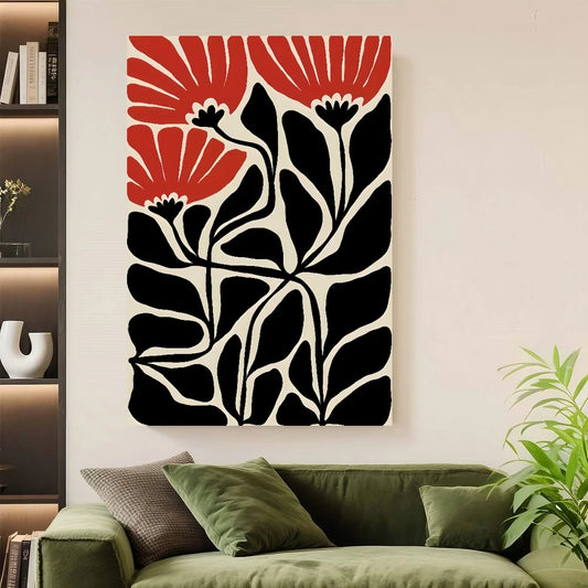 1pc Vibrant Boho Wall Art Print – Modern Canvas Decor With Wooden Frame, Black & Orange Floral Design, Perfect For Home Office O