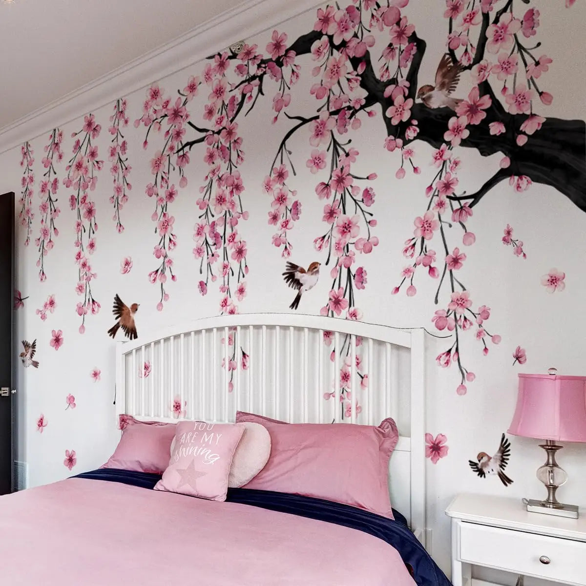 Large Cherry Blossom Tree Wall Decals Peel and Stick Pink Floral Wall Art Stickers for Living Room Bedroom