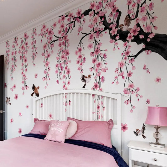 Large Cherry Blossom Tree Wall Decals Peel and Stick Pink Floral Wall Art Stickers for Living Room Bedroom