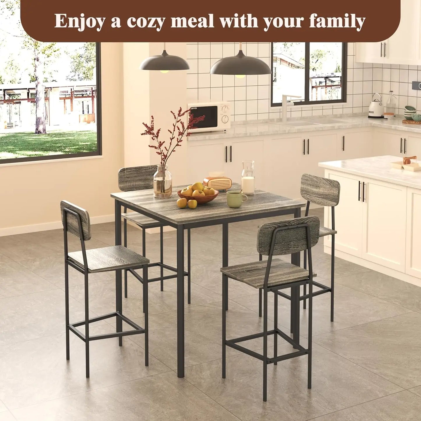 Kitchen Table and Chairs of 4, 5 Piece Dining Table Set, Sturdy Industrial Space Saving Dinette Set for Pub, Customized
