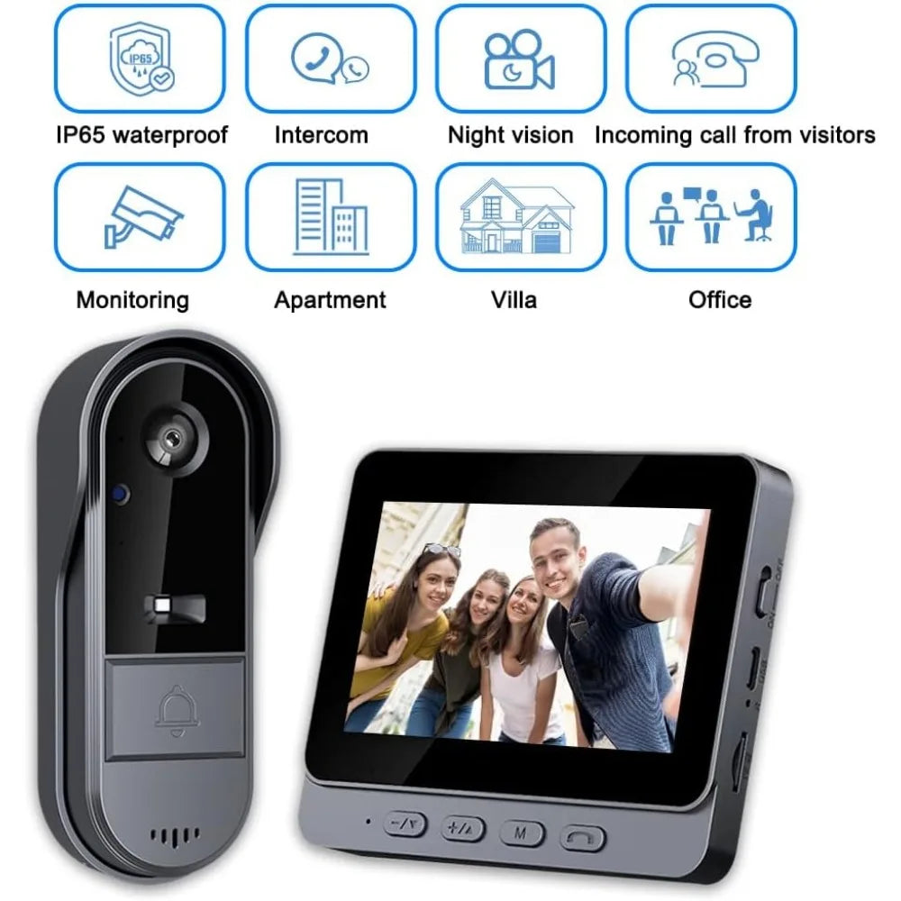 Wireless Doorbell Camera with 1080P Resolution, Monitor Screen, Free Storage, Night Vision, and 170° View Angle