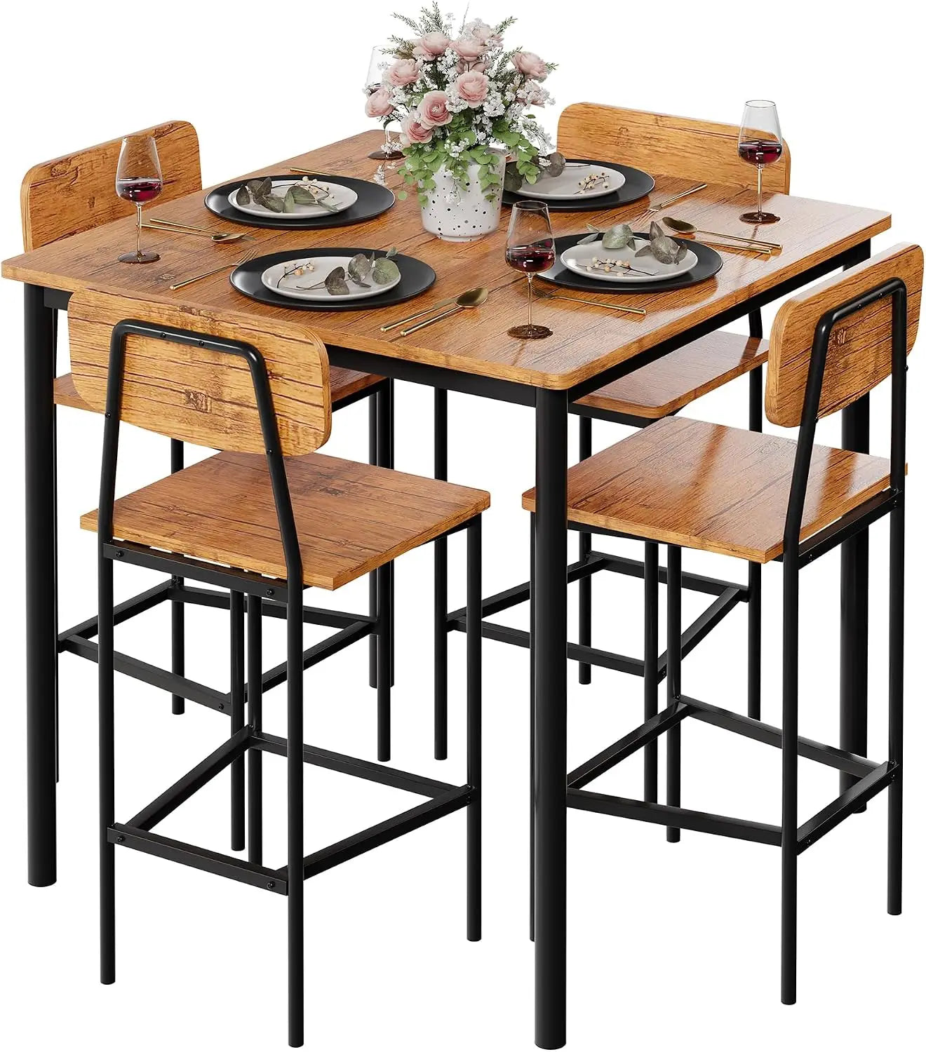 Kitchen Table and Chairs of 4, 5 Piece Dining Table Set, Sturdy Industrial Space Saving Dinette Set for Pub, Customized
