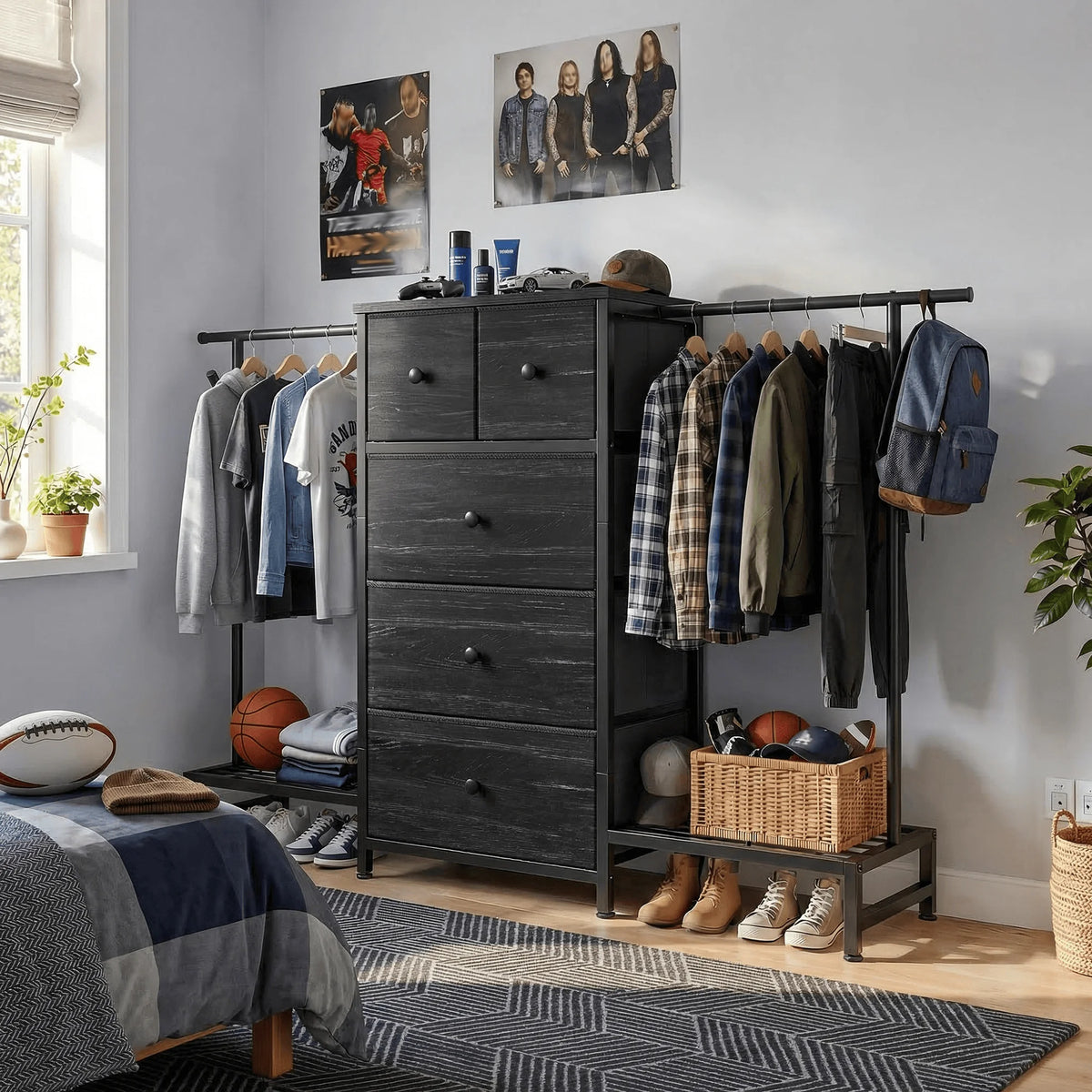 3-in-1 Dresser & Hanging Rack – 57.8" Wide with 5 Drawers & Shoe Rack, Side Hooks for Bedroom Storage and Walk-in closet