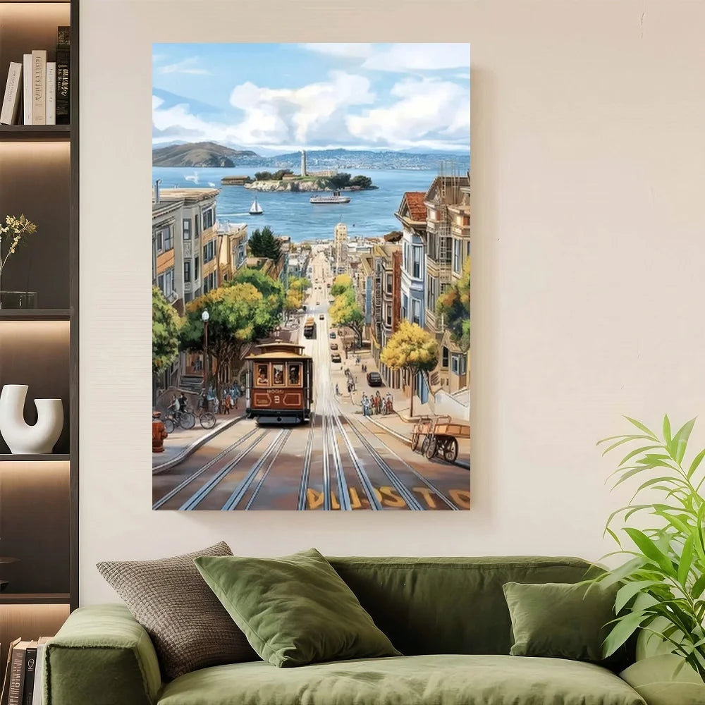 Framed 2D Flat 1pc San Francisco Cable Car Canvas - Modern Minimalist Poster With En Gate Bridge & Cable Cars, Wrapped Canvas Fr