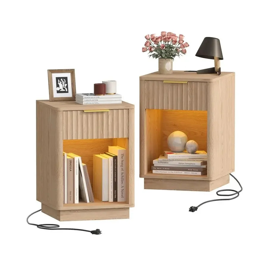 Nightstands Set of 2, Wooden Night Stand with Charging Station and LED Light, Modern Mid Century Bed Side End Table with Drawer