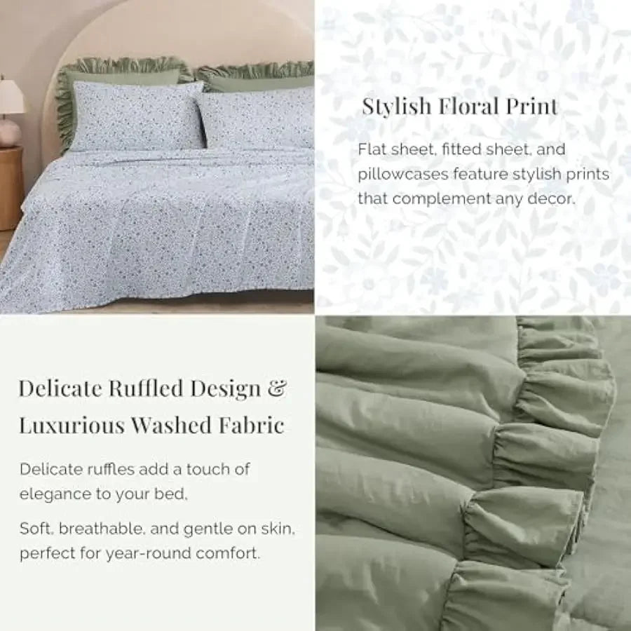 BLOOMHAVEN Queen Comforter Set - 7 Pieces Ruffle Sage Green Bedding Sets, Shabby Chic Farmhouse Bed in a Bag Queen with Ruffle C