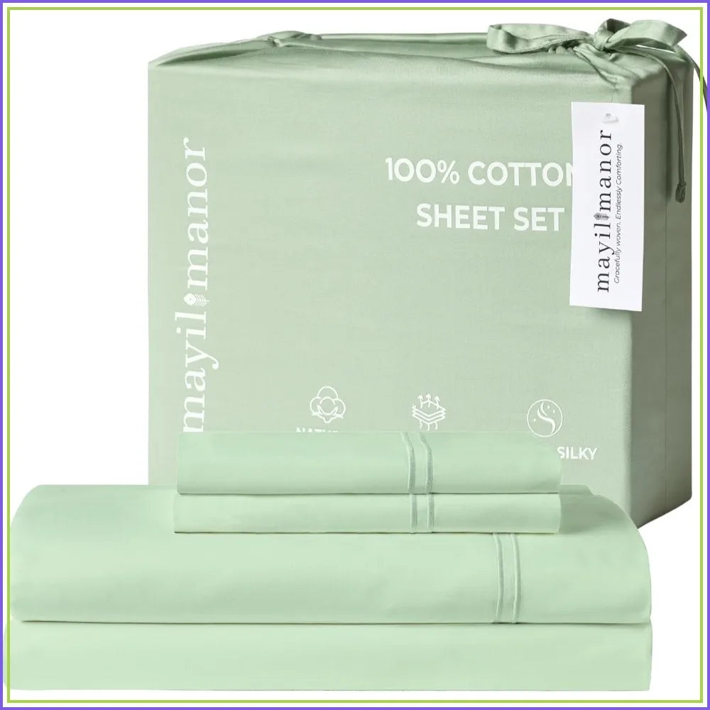 100% Cotton Sateen Bed Sheets - 500 TC, Deep Pocket, 4-Piece Set, Sage