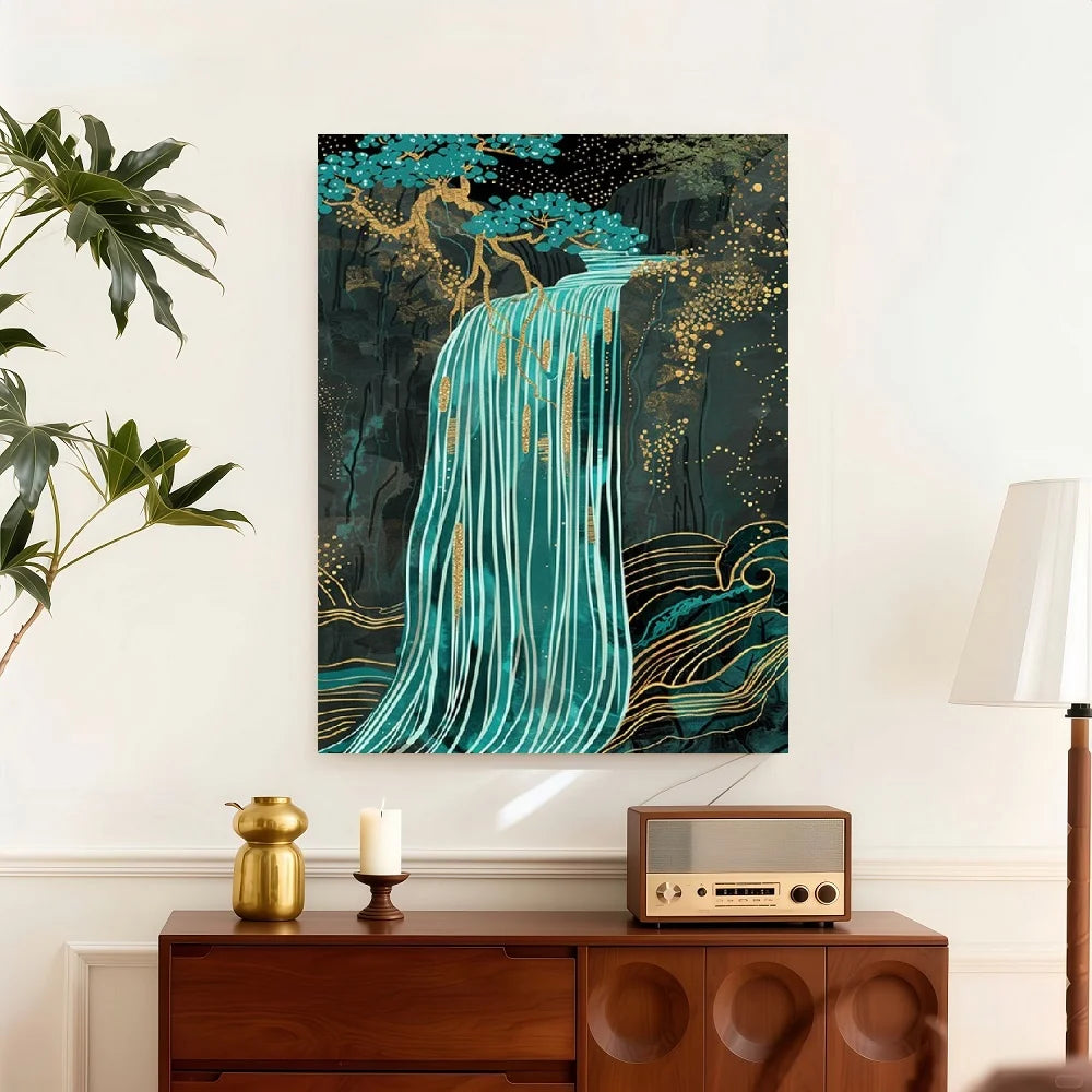 Framed Flat, 1pc Modern Abstract Waterfall Forest Wall Art - Vertical Teal Golden Framed Canvas, Stretched Wrap-Around Suitable
