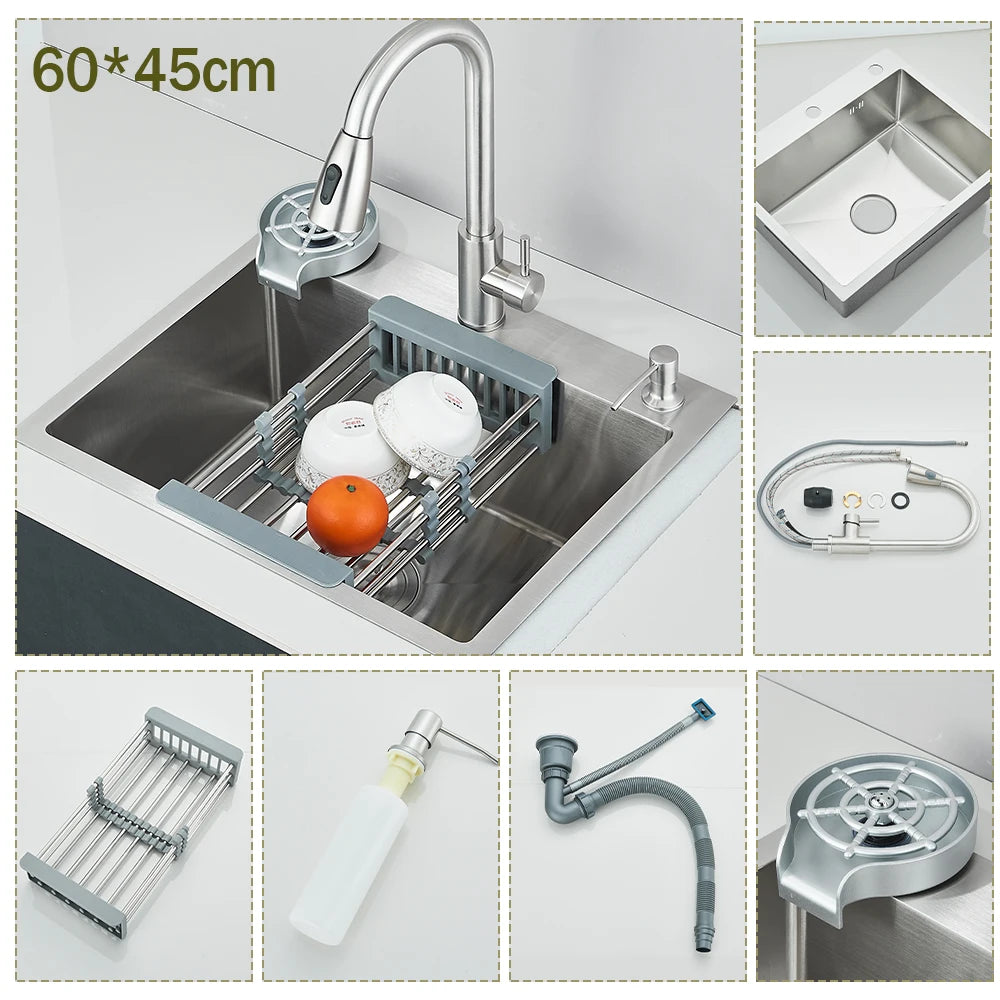 Stainless Steel Kitchen Sink Large Integrated Faucet Sink Dish Basin With Drain Basket Soap Dispenser/Pure Water/Cup Washer