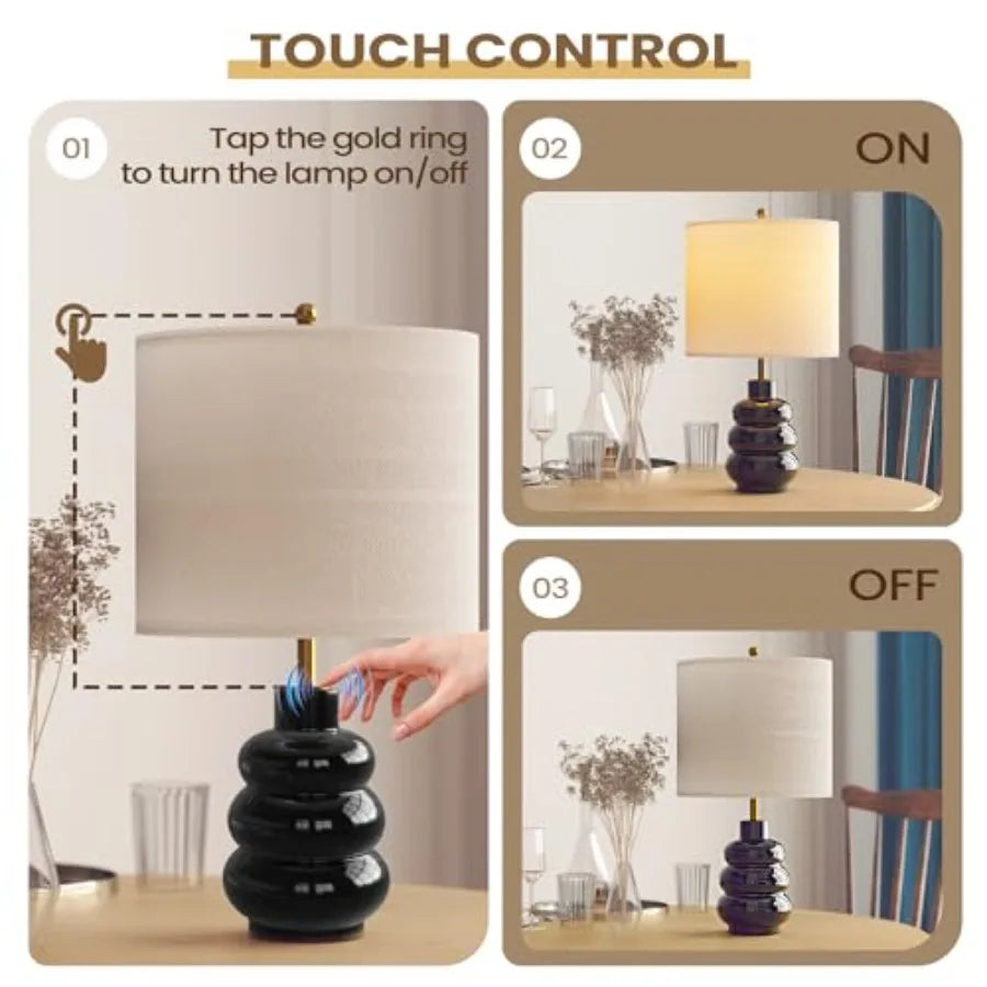 17.5" Black Ceramic Gourd Table Lamps Set of 2 Touch Control Farmhouse Lamps for Nightstand Living Room Small Rustic Bedside La