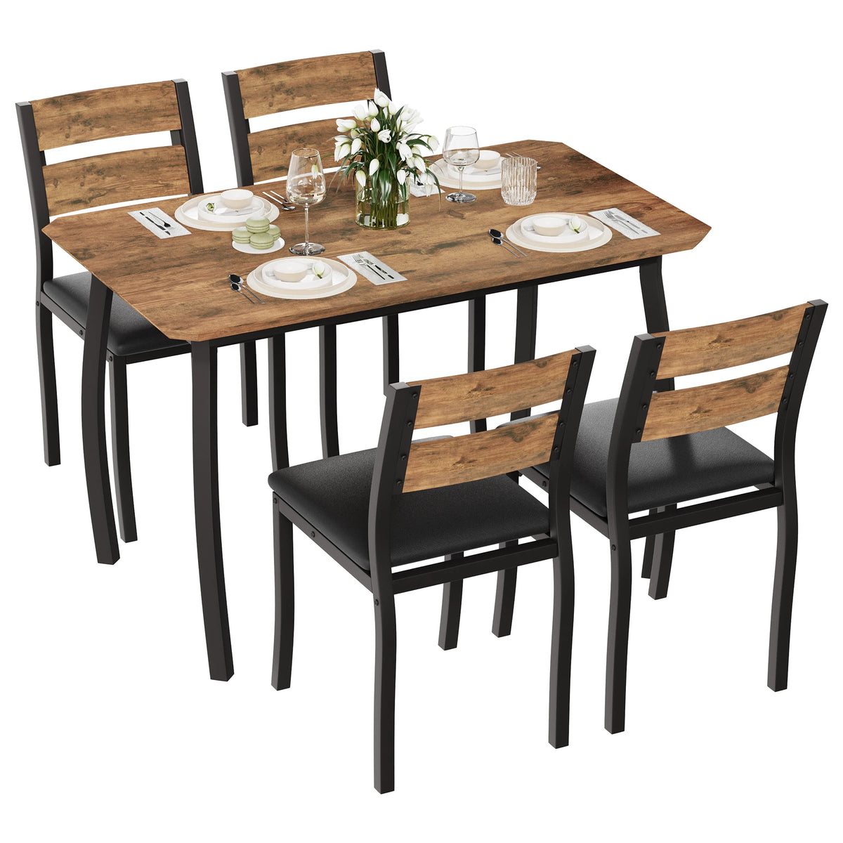 Square Dining Table Set for 4,5-Piece Kitchen Table Set,Farmhouse Compact Kitchen Table with 4 Upholstered Chairs & Metal Frame, Perfect for Small Spaces, Kitchens & Dining Rooms
