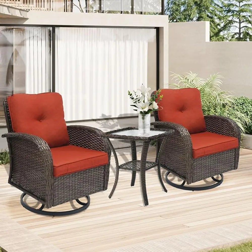 3 Pieces Outdoor Swivel Rocker Patio Chair Set Wicker Patio Swivel Chairs with Side Table Cushions High Back ront Porch Rocking
