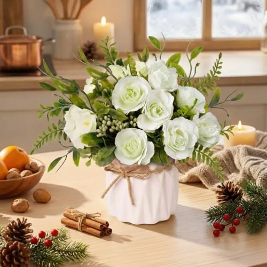 Faux Flowers with Vase, Artificial Silk Rose in Vase Silk Rose Artificial Flowers with Vase for Coffee Table Decor, Living Room
