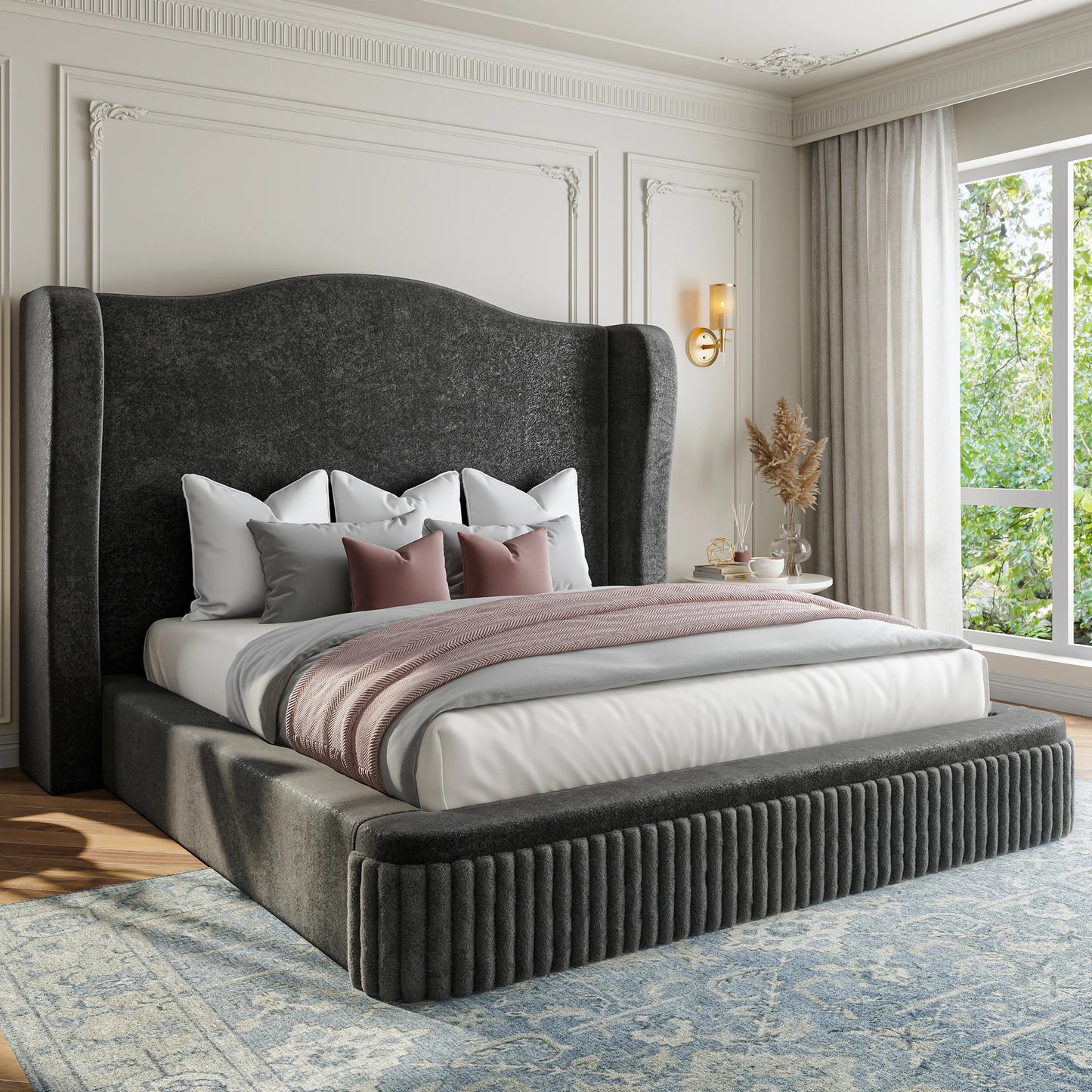 EnHomee 49" Cloud Bed Frame, Soft King Size Bed Frame with Extra High Wingback Headboard, No Box Spring Needed, Easy Assembly