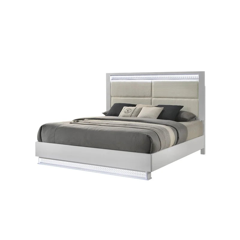 White Wood Queen Bedroom Set with LED Headboard, Modern Glam Design, 5-Piece