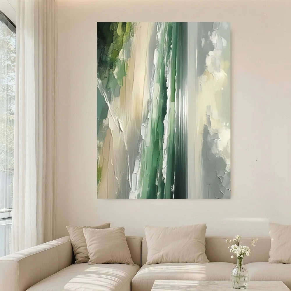 Framed Large Green Abstract Coastal Landscape Hand-Painted Oil On Canvas - Modern Minimalist Green & Blue Seascape Wall Art With