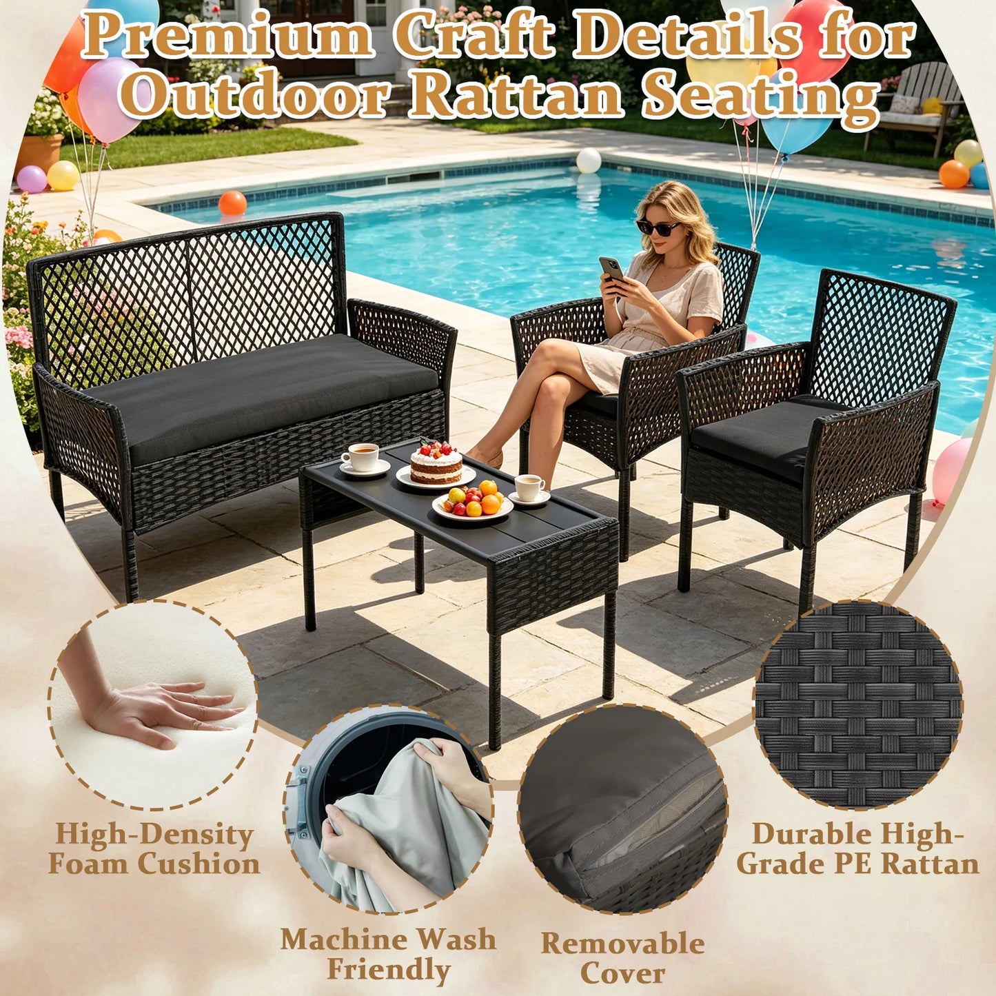 Outdoor Patio Furniture Set 4-Piece, Wicker Hollow-Out Conversation Sofa with Cushions & Coffee Table, All-Weather Patio Furniture for Backyard