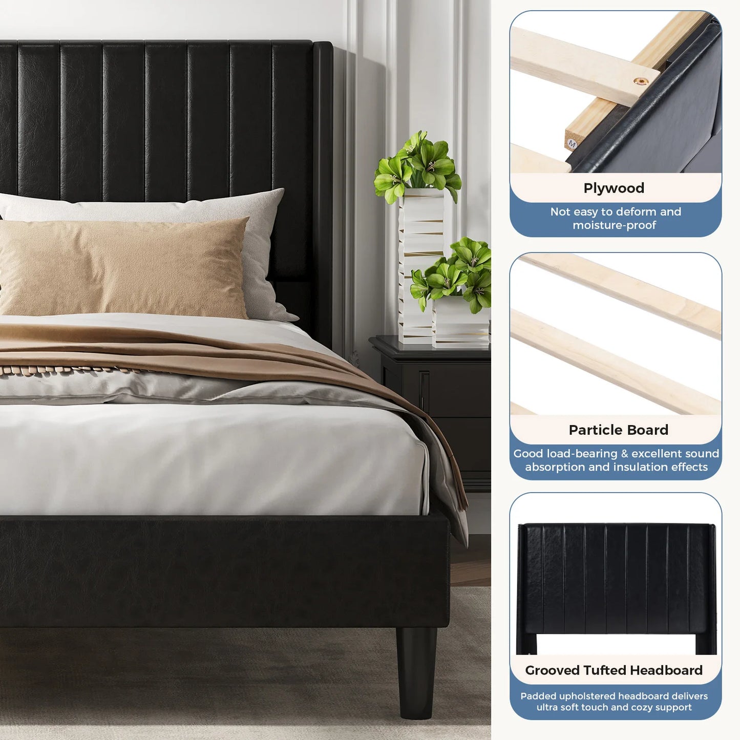 JHK Basic Upholstered Platform Bed Frame with Modern Wingback Headboard Wooden Slats 800lbs Capacity No Box Spring Needed Easy Assembly For Bedroom