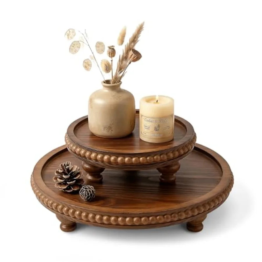 Round Pine Wooden Display Riser Set of 2 for Home Decor - Beaded Pedestal Stand for Bathroom and Coffee Table - Decorative Tray