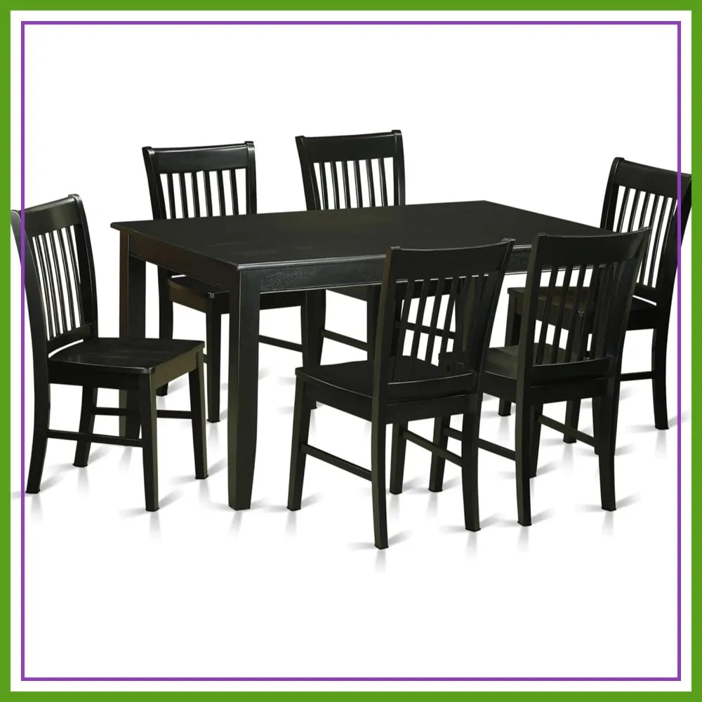 7Pc Kitchen Table Set, 60x36in Rect Dining Table & 6 Chairs, Black