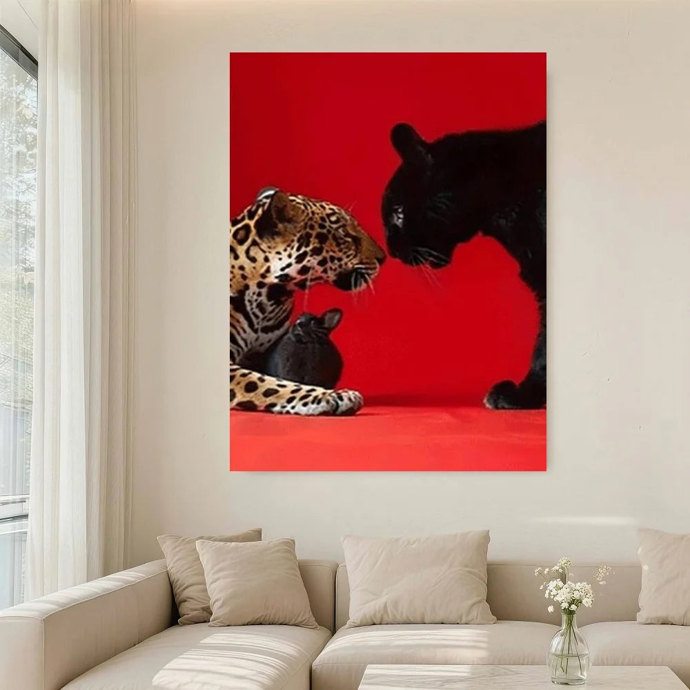 Framed 1pc Framed Leopard Print Canvas Wall Art - Modern Black & White Animal Portrait With Red Background, Perfect For Living R