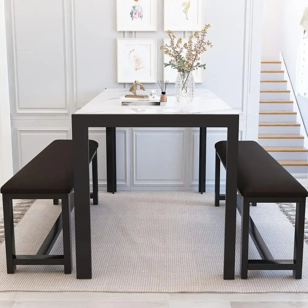 Dining Room Table Set with 2 Benches, Dining Table Set or 4-6, Dinner Table Set or 4, aux Marble Breakast Table Set & PU Leather