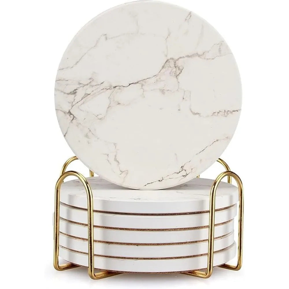 6 Pack White Marble Coaster Set with Gold Holder, Absorbent Ceramic Drink Coasters for Coffee Table, Bar, Home Decor