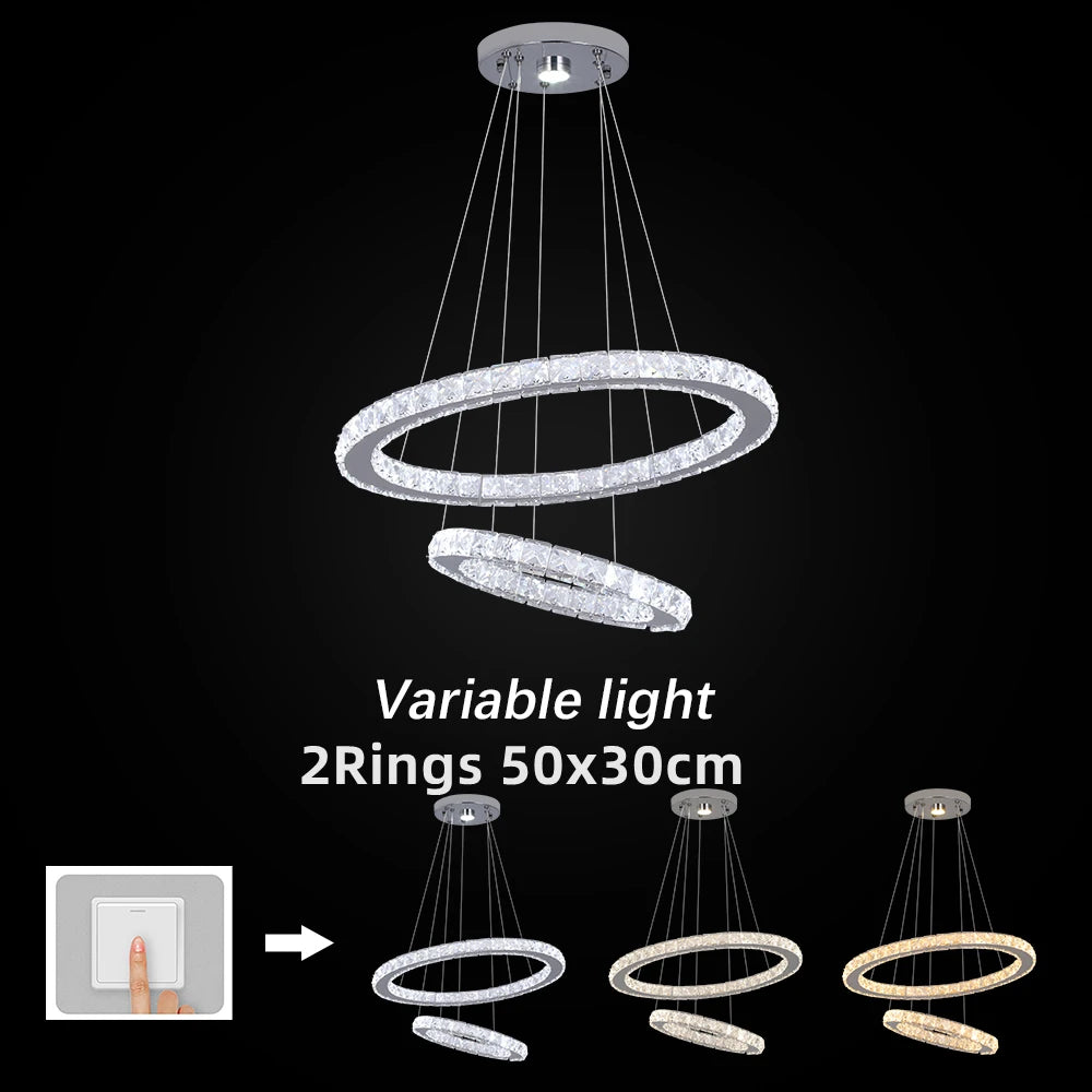 Modern Crystal Chrome Led Pendant Light Fixture Rings Adjustable Chandelier Dimming Lamp  for Living Room Bedroom Hanging Lustre